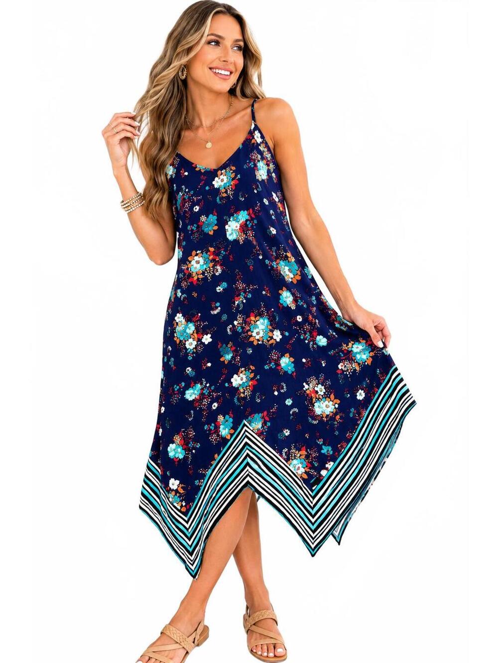 Lily Black Floral Handkerchief Hem Midi Dress Size Small Boho Rayon Sundress